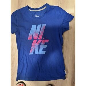 NIKE Women's (Size Med) Blue Short Sleeve Dri-Fit Graphic T-Shirt Cotton Top